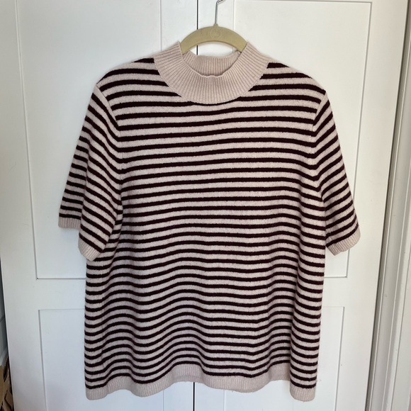 Loft Burgundy/Cream Striped Short Sleeve Sweater - Picture 2 of 8